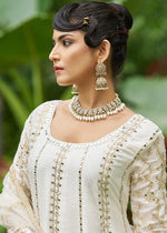 Thumbnail for Monjolika Fashion White Embroidered Chinnon Readymade Palazzo Kameez for Festival - Distacart