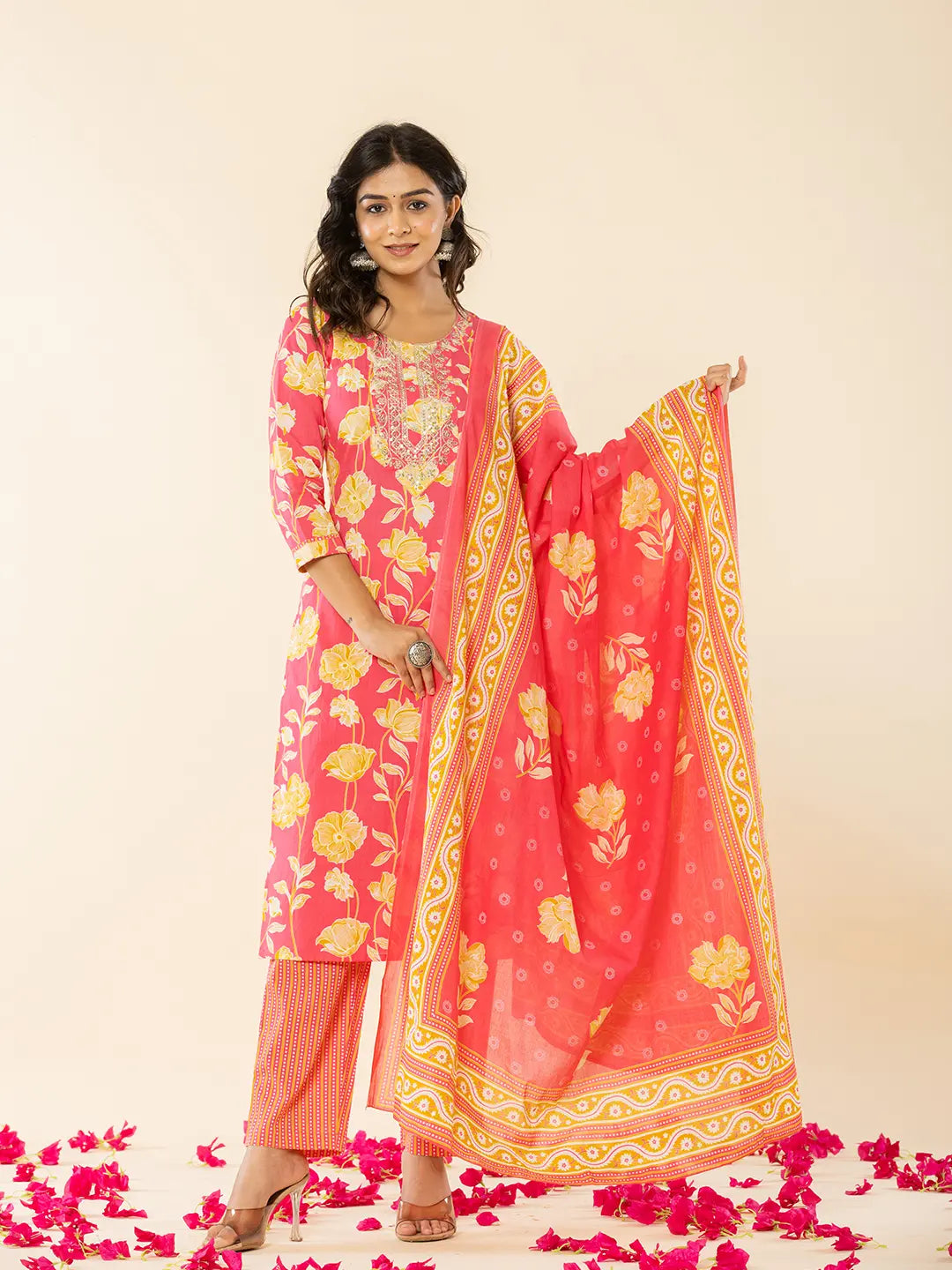 Yufta Pink Cotton Sequins_Work Straight Kurta Dupatta Pant Set