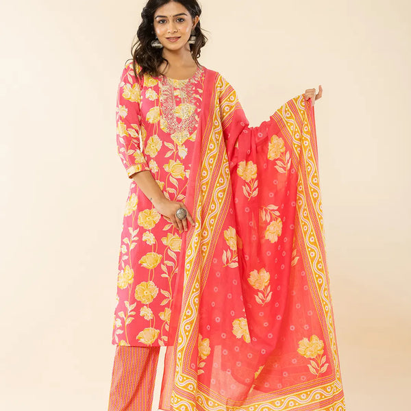 Yufta Pink Cotton Sequins_Work Straight Kurta Dupatta Pant Set - Distacart