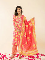 Thumbnail for Yufta Pink Cotton Sequins_Work Straight Kurta Dupatta Pant Set