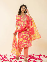 Thumbnail for Yufta Pink Cotton Sequins_Work Straight Kurta Dupatta Pant Set