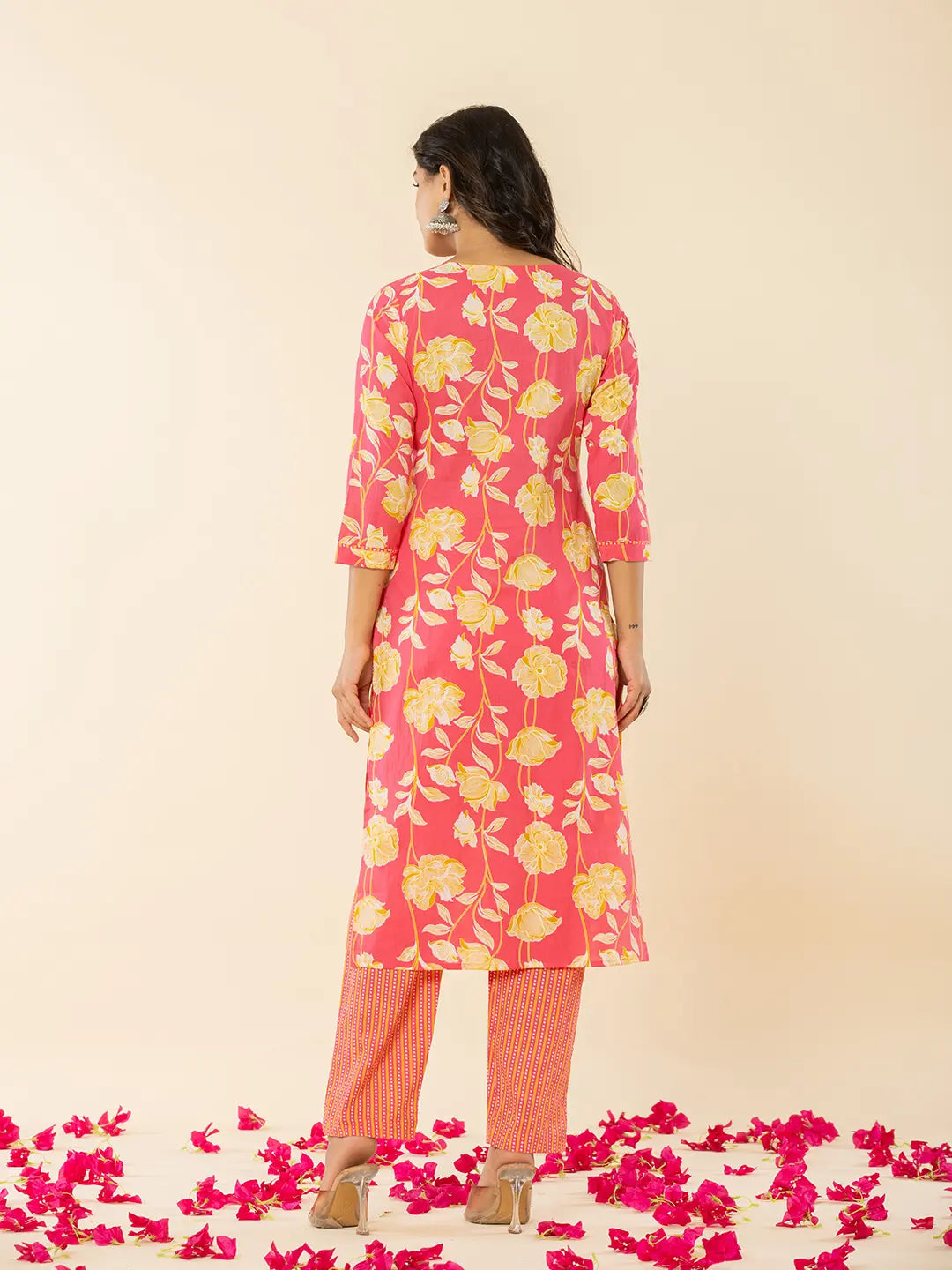 Yufta Pink Cotton Sequins_Work Straight Kurta Dupatta Pant Set