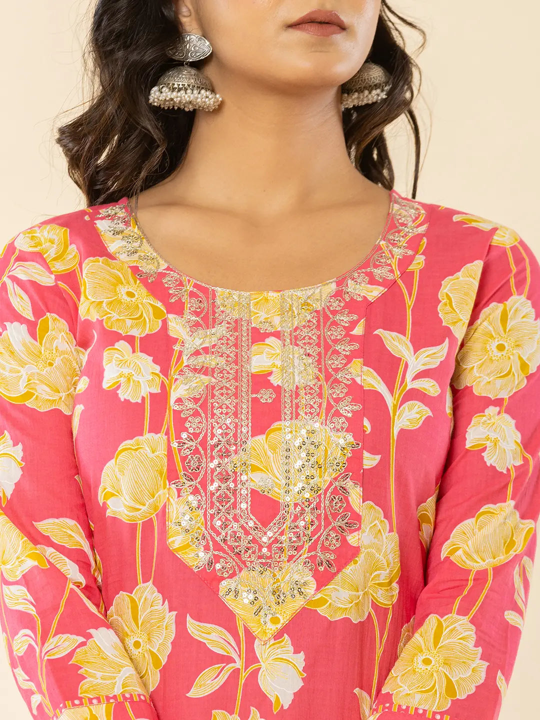 Yufta Pink Cotton Sequins_Work Straight Kurta Dupatta Pant Set