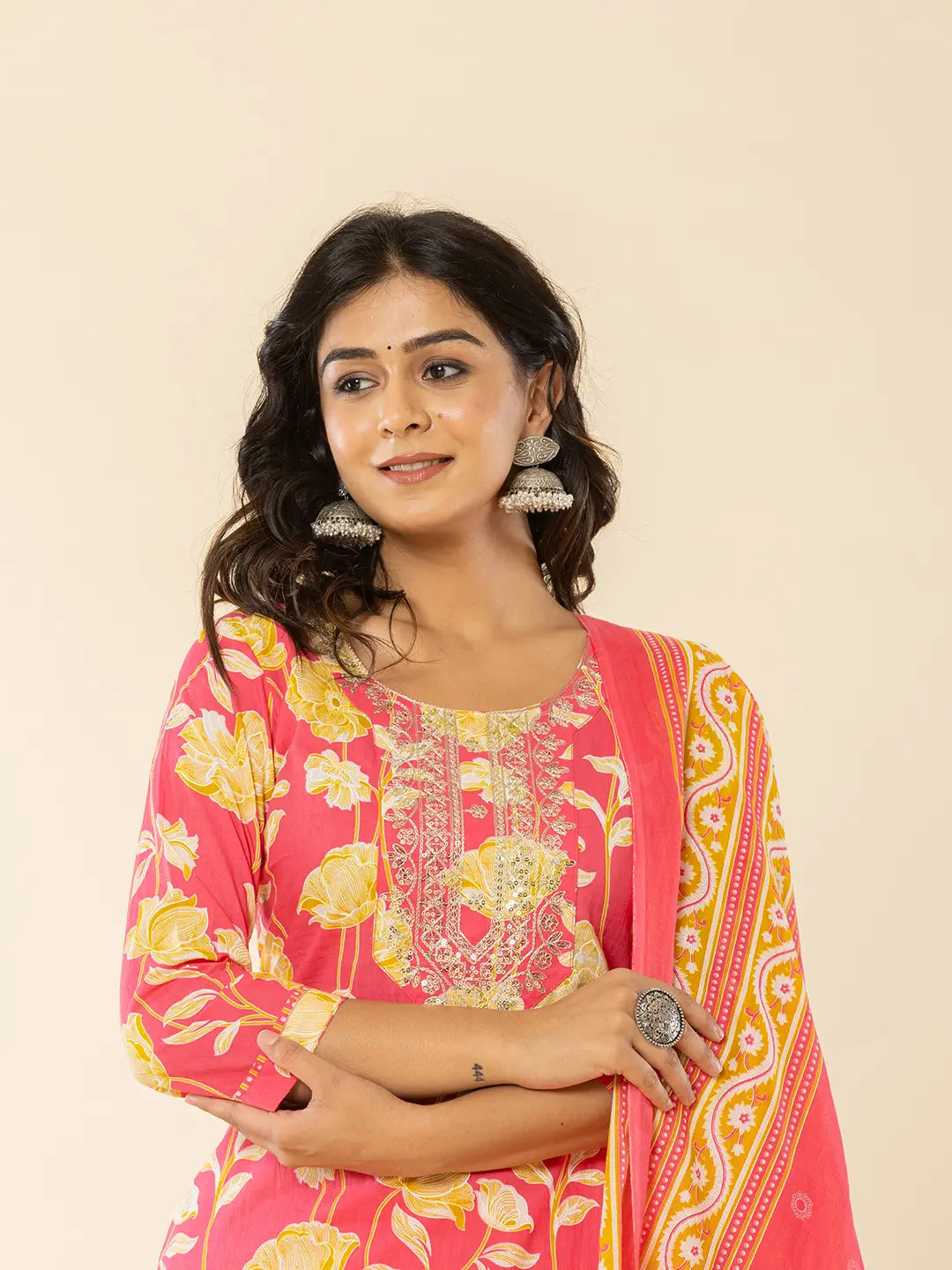 Yufta Pink Cotton Sequins_Work Straight Kurta Dupatta Pant Set