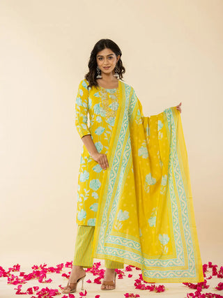 Yufta Yellow Cotton Sequins_Work Straight Kurta Dupatta Pant Set - Distacart