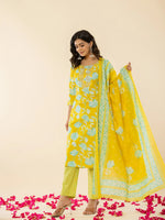 Thumbnail for Yufta Yellow Cotton Sequins_Work Straight Kurta Dupatta Pant Set - Distacart
