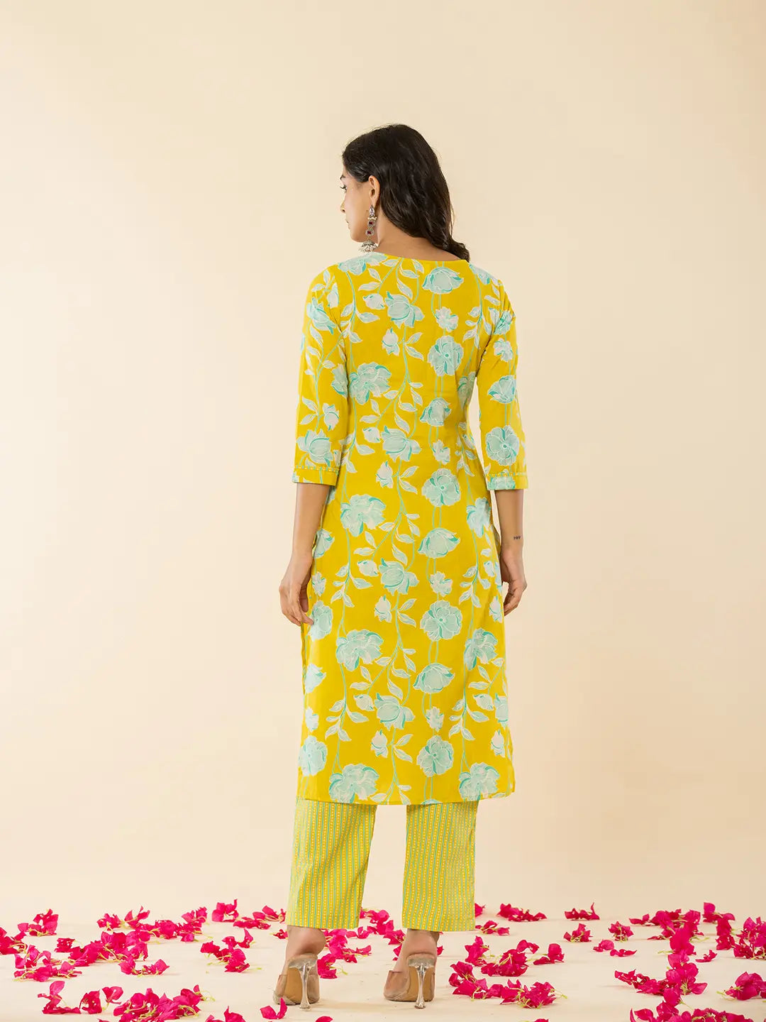 Yufta Yellow Cotton Sequins_Work Straight Kurta Dupatta Pant Set - Distacart
