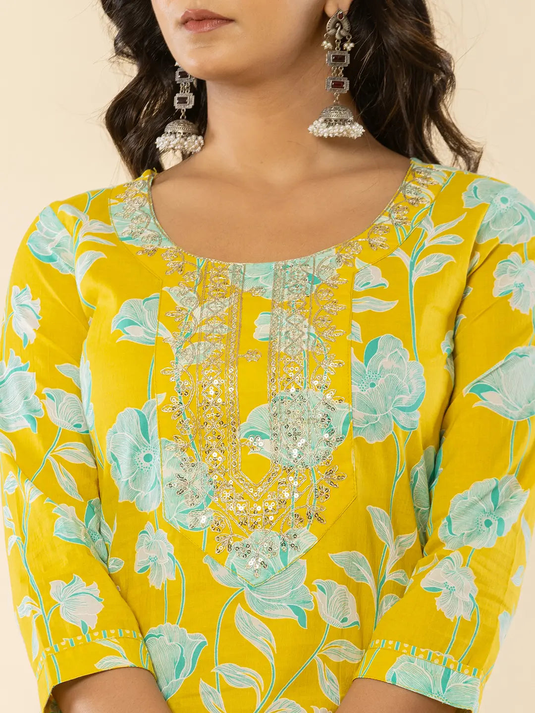 Yufta Yellow Cotton Sequins_Work Straight Kurta Dupatta Pant Set - Distacart
