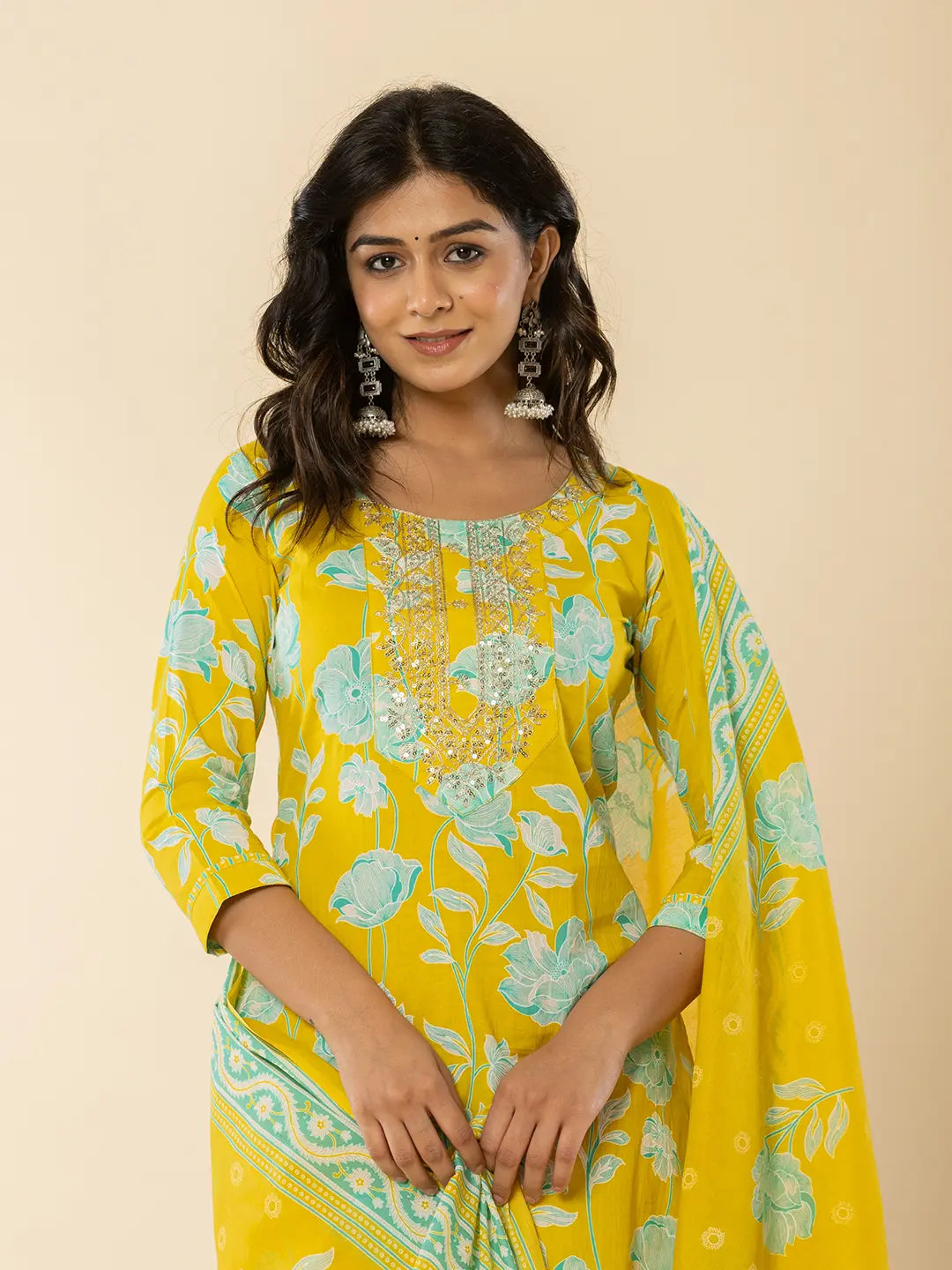 Yufta Yellow Cotton Sequins_Work Straight Kurta Dupatta Pant Set - Distacart