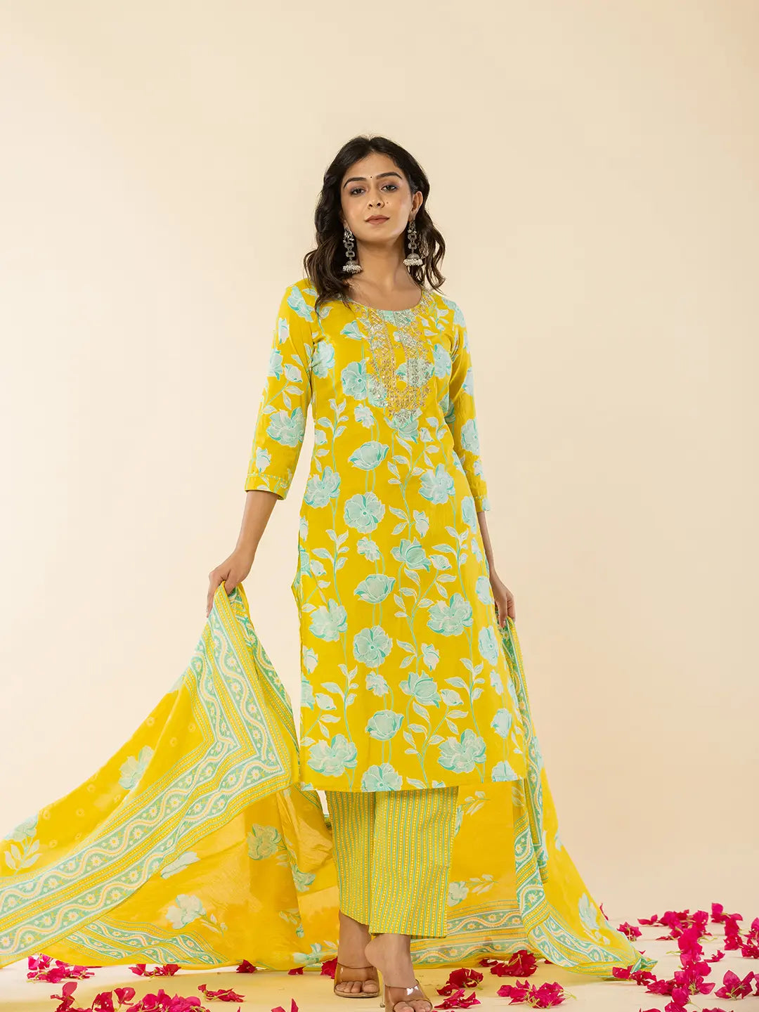 Yufta Yellow Cotton Sequins_Work Straight Kurta Dupatta Pant Set - Distacart