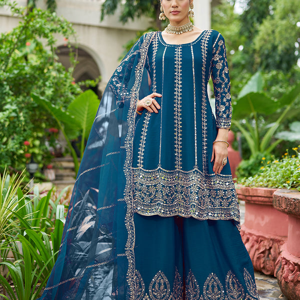 Monjolika Fashion Peacock Blue Embroidered Chinnon Readymade Palazzo Kameez for Festival - Distacart