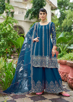 Thumbnail for Monjolika Fashion Peacock Blue Embroidered Chinnon Readymade Palazzo Kameez for Festival - Distacart