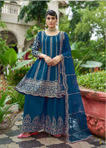 Thumbnail for Monjolika Fashion Peacock Blue Embroidered Chinnon Readymade Palazzo Kameez for Festival - Distacart