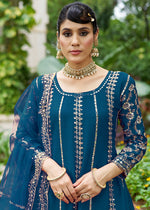 Thumbnail for Monjolika Fashion Peacock Blue Embroidered Chinnon Readymade Palazzo Kameez for Festival - Distacart