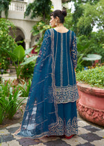 Thumbnail for Monjolika Fashion Peacock Blue Embroidered Chinnon Readymade Palazzo Kameez for Festival - Distacart