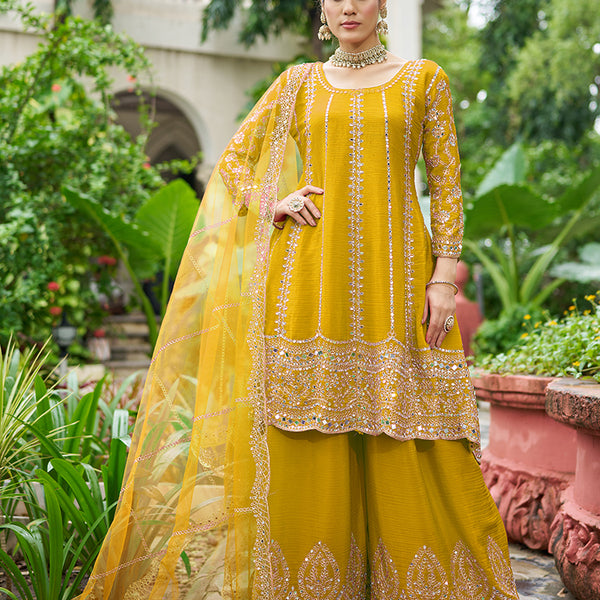Monjolika Fashion Mustard Embroidered Chinnon Readymade Palazzo Kameez for Festival - Distacart