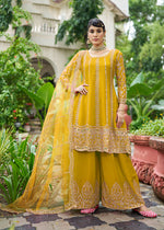 Thumbnail for Monjolika Fashion Mustard Embroidered Chinnon Readymade Palazzo Kameez for Festival - Distacart