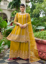 Thumbnail for Monjolika Fashion Mustard Embroidered Chinnon Readymade Palazzo Kameez for Festival - Distacart