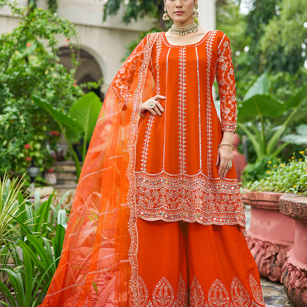 Monjolika Fashion Orange Embroidered Chinnon Readymade Palazzo Kameez for Festival - Distacart