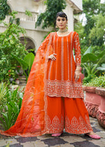 Thumbnail for Monjolika Fashion Orange Embroidered Chinnon Readymade Palazzo Kameez for Festival - Distacart