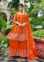 Thumbnail for Monjolika Fashion Orange Embroidered Chinnon Readymade Palazzo Kameez for Festival - Distacart