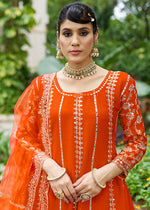 Thumbnail for Monjolika Fashion Orange Embroidered Chinnon Readymade Palazzo Kameez for Festival - Distacart