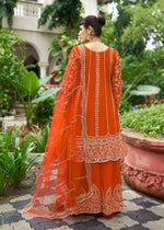 Thumbnail for Monjolika Fashion Orange Embroidered Chinnon Readymade Palazzo Kameez for Festival - Distacart