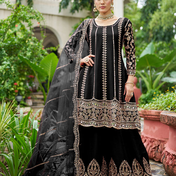 Monjolika Fashion Black Embroidered Chinnon Readymade Palazzo Kameez for Festival - Distacart