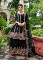 Thumbnail for Monjolika Fashion Black Embroidered Chinnon Readymade Palazzo Kameez for Festival - Distacart