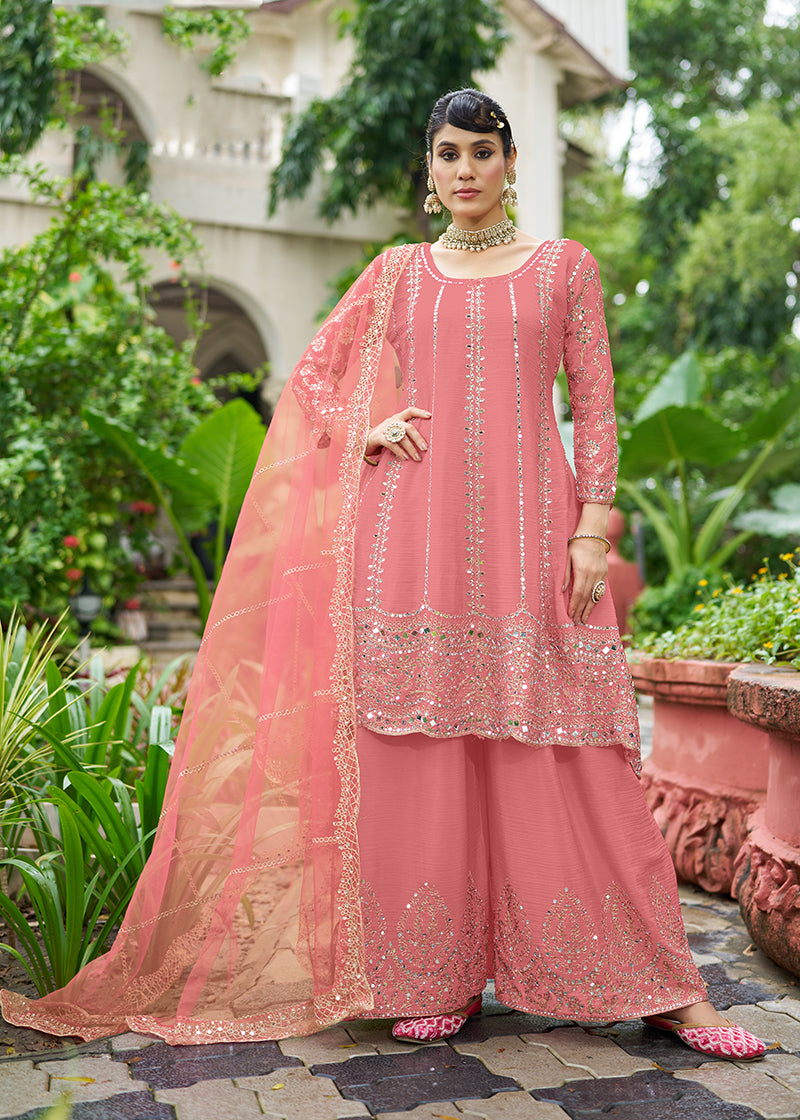 Monjolika Fashion Pink Embroidered Chinnon Readymade Palazzo Kameez for Festival