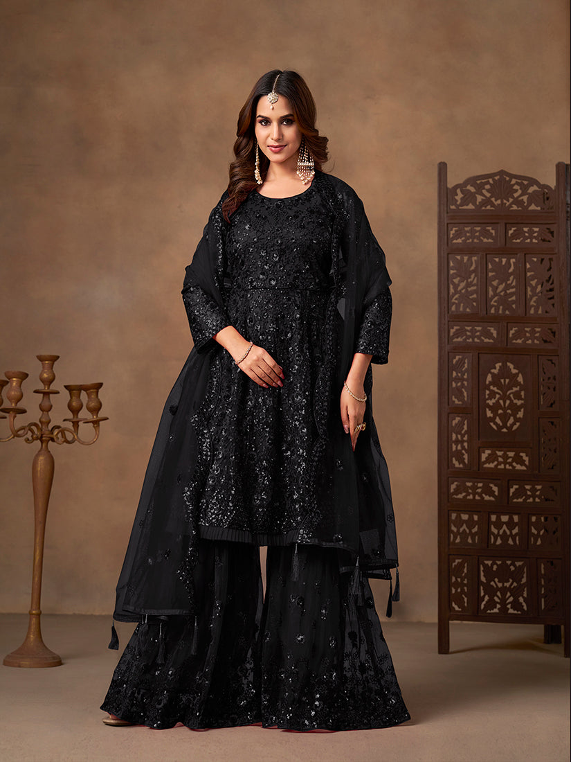 Monjolika Fashion Black Embroidered Net Party Palazzo Salwar Suit - Distacart