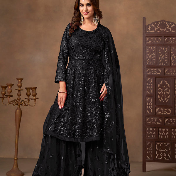Monjolika Fashion Black Embroidered Net Party Palazzo Salwar Suit - Distacart