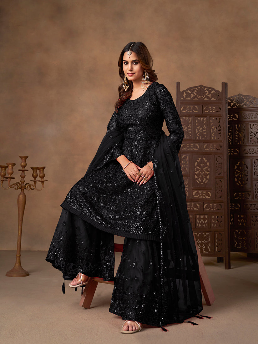 Monjolika Fashion Black Embroidered Net Party Palazzo Salwar Suit - Distacart