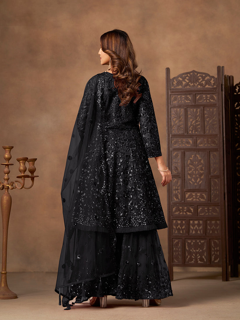 Monjolika Fashion Black Embroidered Net Party Palazzo Salwar Suit - Distacart