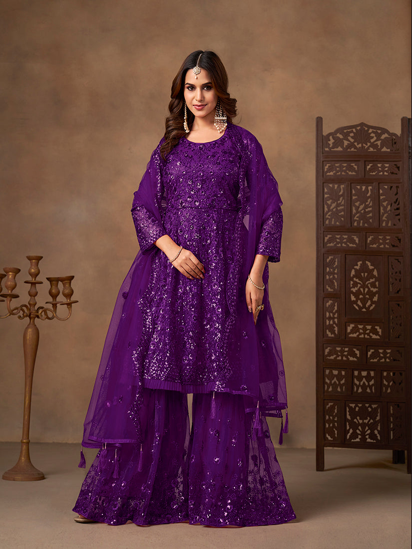 Monjolika Fashion Purple Embroidered Net Party Palazzo Salwar Suit - Distacart