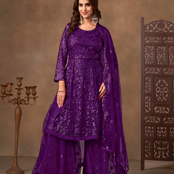 Monjolika Fashion Purple Embroidered Net Party Palazzo Salwar Suit - Distacart