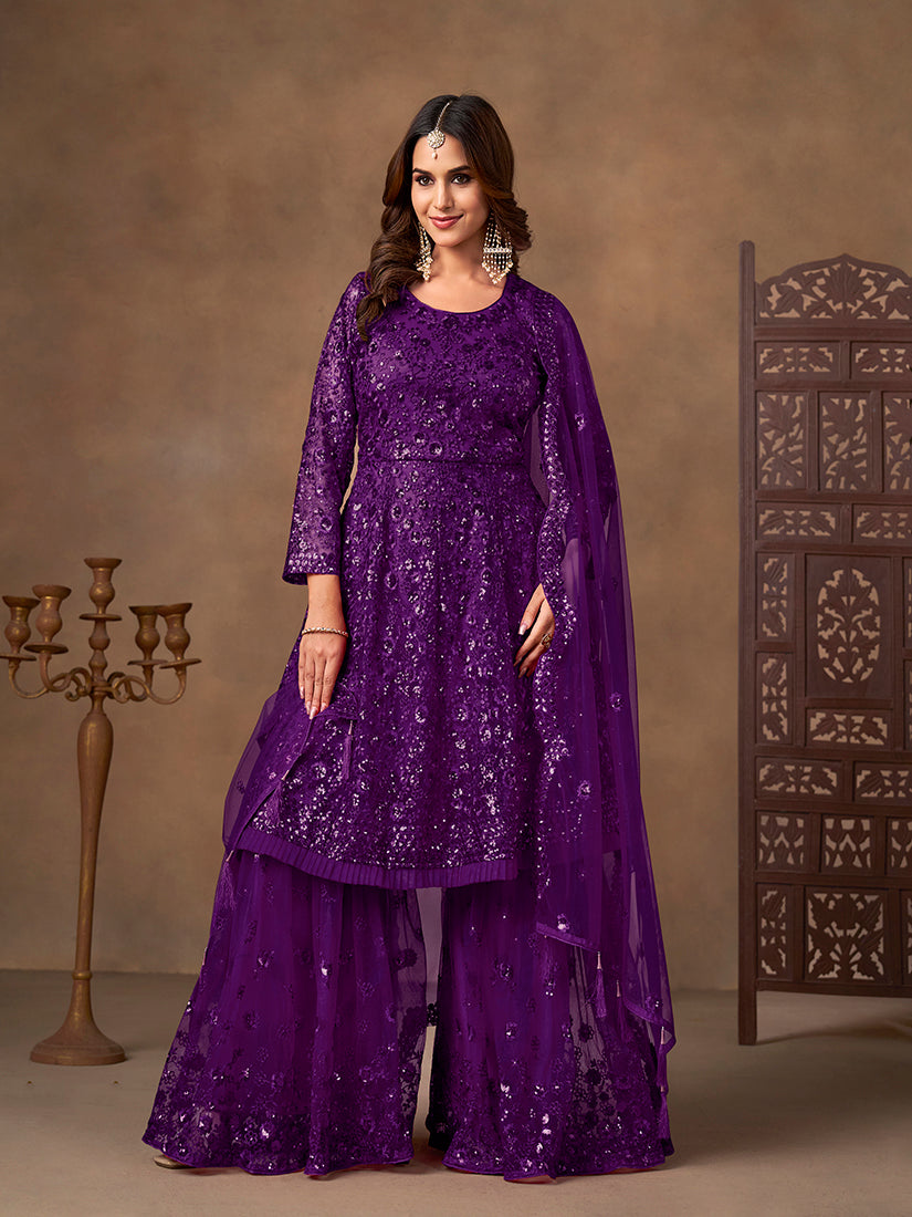 Monjolika Fashion Purple Embroidered Net Party Palazzo Salwar Suit