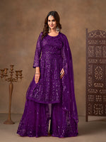Thumbnail for Monjolika Fashion Purple Embroidered Net Party Palazzo Salwar Suit - Distacart