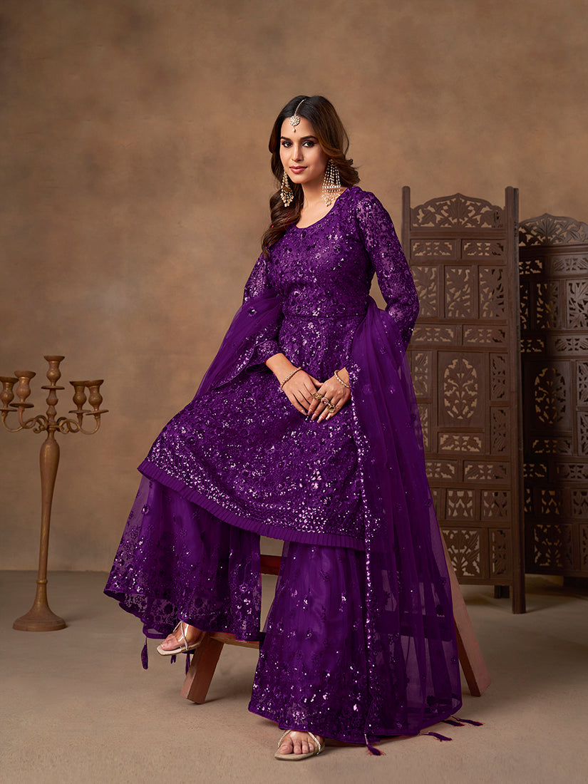Monjolika Fashion Purple Embroidered Net Party Palazzo Salwar Suit - Distacart
