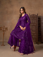 Thumbnail for Monjolika Fashion Purple Embroidered Net Party Palazzo Salwar Suit - Distacart