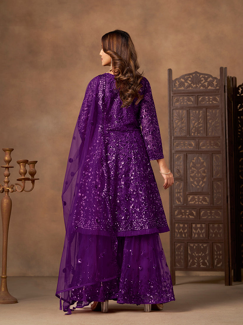 Monjolika Fashion Purple Embroidered Net Party Palazzo Salwar Suit - Distacart