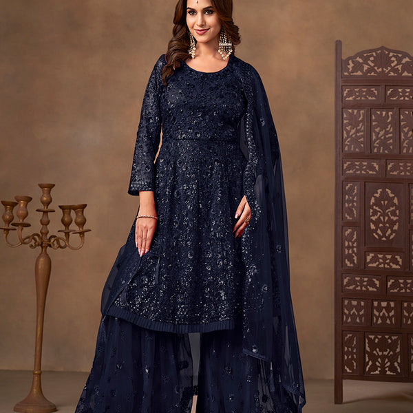 Monjolika Fashion Navy Blue Embroidered Net Party Palazzo Salwar Suit - Distacart