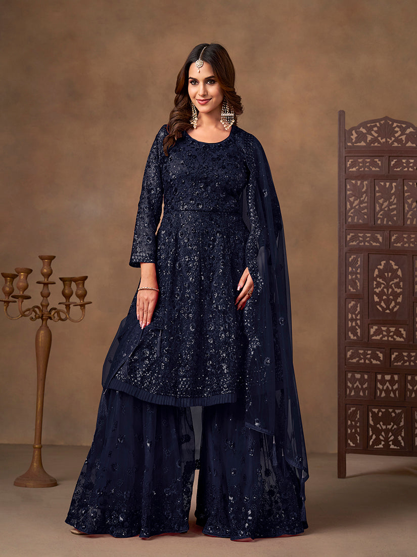 Monjolika Fashion Navy Blue Embroidered Net Party Palazzo Salwar Suit