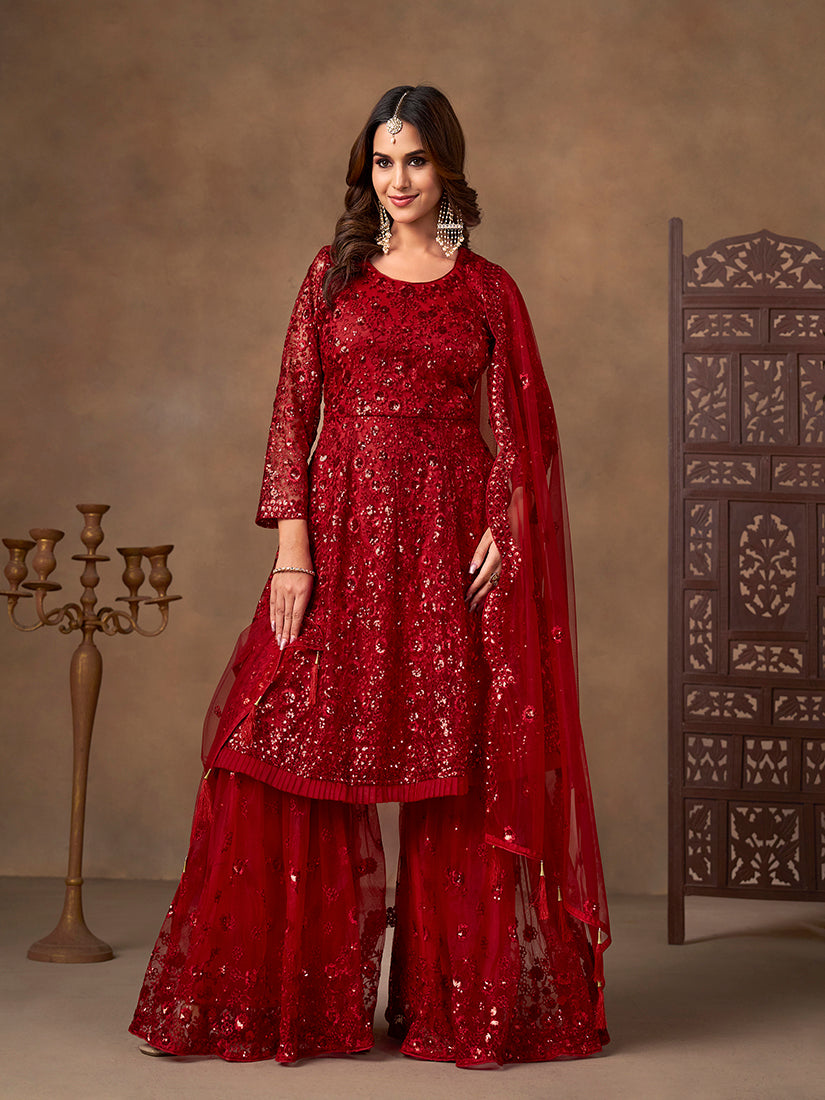 Monjolika Fashion Red Embroidered Net Party Palazzo Salwar Suit - Distacart