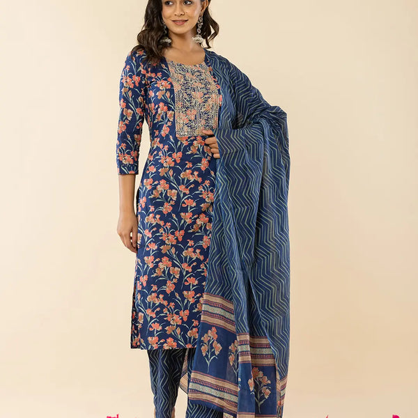 Yufta Blue Cotton Dori_Embroidery Straight Kurta Dupatta Pant Set - Distacart