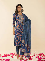 Thumbnail for Yufta Blue Cotton Dori_Embroidery Straight Kurta Dupatta Pant Set