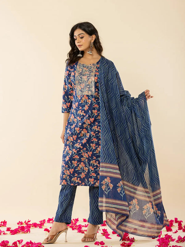 Yufta Blue Cotton Dori_Embroidery Straight Kurta Dupatta Pant Set
