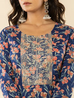 Thumbnail for Yufta Blue Cotton Dori_Embroidery Straight Kurta Dupatta Pant Set