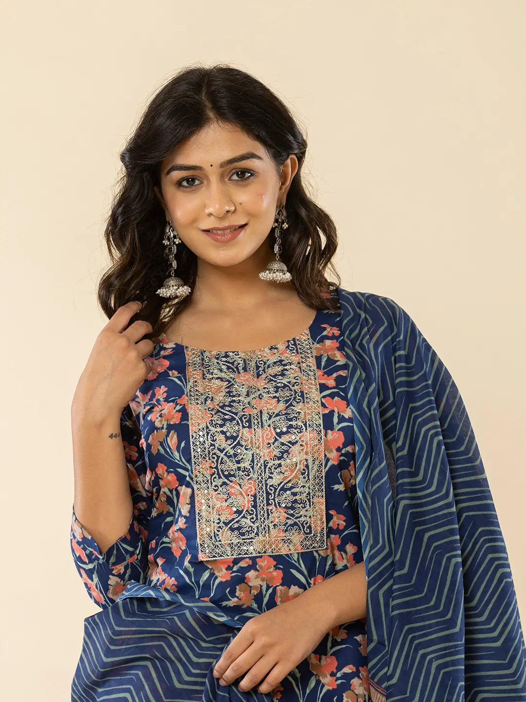 Yufta Blue Cotton Dori_Embroidery Straight Kurta Dupatta Pant Set