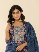 Thumbnail for Yufta Blue Cotton Dori_Embroidery Straight Kurta Dupatta Pant Set